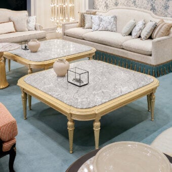 Luxury Bellotti Ezio 4973 coffee table with Antigua marble top, wood frame, patinated gold leaf and white meringue legs