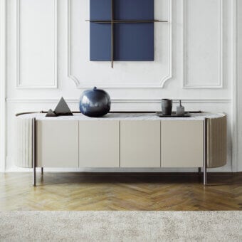 Superior Capital Karin sideboard with a neutral beige wood structure and striking marble tabletop with polished silver tone legs