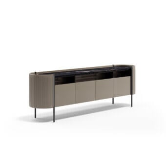 Exceptional Capital Karin sideboard crafted with wood, quilted leather sides, a dark marble top, glossy black interior and slender metal legs