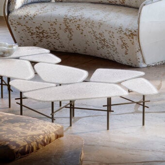 Exquisite Giorgetti Fragmentum coffee table in shimmering translucent white glass and dark brownish-grey stainless steel