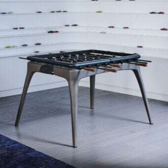 Sophisticated Giorgetti Nereo Foosball Table in muted grey-brown leather with solid ash wood and matte black chrome accents