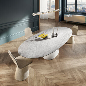 Distinguished Lago Chapeau oval table with sculptural gray marbled glossy top and solid white matte pedestal base