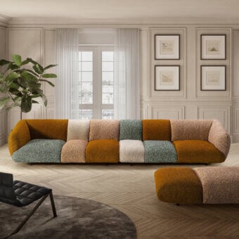 Contemporary Lago Not Only White Sectional sofa with ochre, cream, peach, muted teal textured nubby matte fabric dark legs