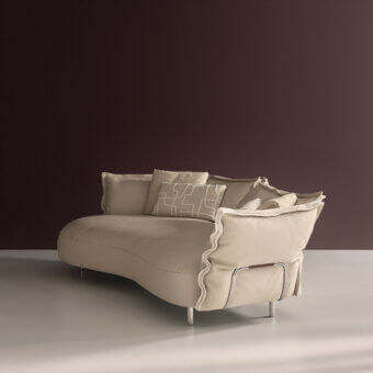 Luxury Nuvola sofa with frame in beige matte leather upholstery; seat, arched backrest, legs, two back cushions and one cushion