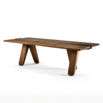 Contemporary Riva 1920 Canal Table with solid wood top bisected by matte stainless‑steel strip and angular tapered legs
