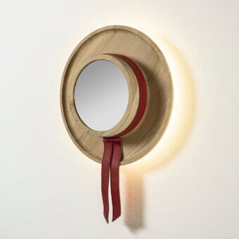 Elite Riva 1920 Cannaregio mirror crafted from solid wood in light natural tone with deep red leather and LED backlighting