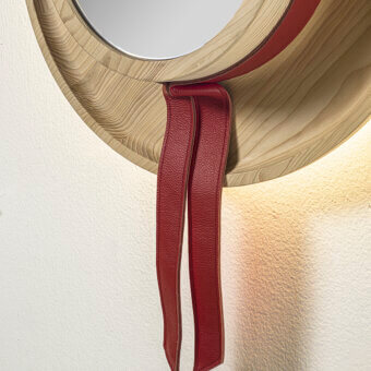 Distinguished Riva 1920 Cannaregio mirror in light-toned matte solid wood staves with deep red leather and LED backlighting