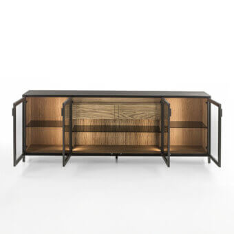 Architectural stunning sideboard crafted with a hand-finished solid wood frame and expansive glass doors in deep brown aluminum