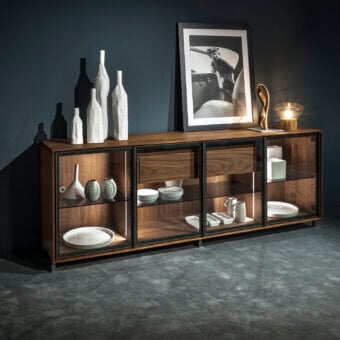 Distinguished Riva 1920 Pandora sideboard crafted in brown wood with expansive glass doors and integrated aluminum frames