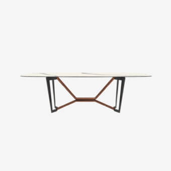 Distinguished Tonin Casa Oliver table with a light-toned veined ceramic top and warm medium-brown wood base crafted with sleek matte black metal legs