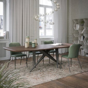 Superior Tonin Casa Thunder table with Silk Wood top and dark gray metal X base in satin finish