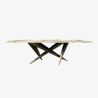 Sophisticated Tonin Casa Thunder dining table with glossy cream-white porcelain stoneware and sculptural satin bronze steel base
