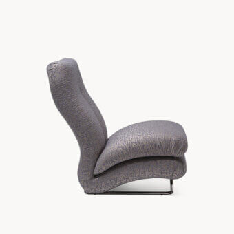 Luxury Cigno lounge chair with heathered gray‑purple and light lavender textile seat and backrest, supported by a polished glossy metal rod