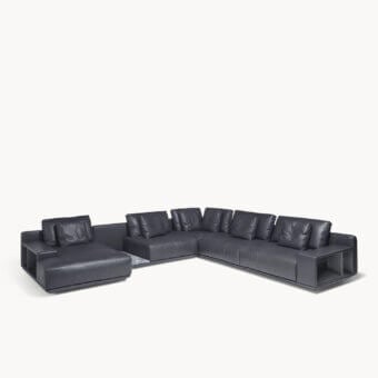 Contemporary Visionnaire’s Frame Sectional in charcoal grey matte leather with sculpted metal armrests and integrated shelving