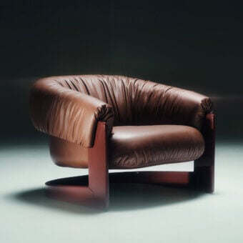 Luxury Visionnaire Hampshire lounge chair in deep brown leather with birch base, curved backrest and armrests private volume