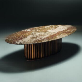 Prestige table with polished marble top veined brown green cream rust, matte lacquered MDF base, ash ribs, metal plinth
