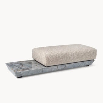 Elegant Visionnaire Prelude bench with marble‑like plinth polished stainless‑steel accents light grey‑beige textile metal strip