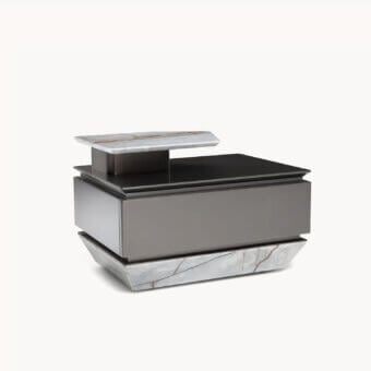 Refined Visionnaire Prelude nightstand with marble base and top, marble surface, gray wood core, bronze stainless steel tier