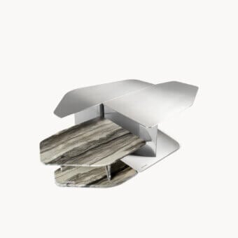 Prestige Visionnaire Shear coffee table with gleaming polished steel surfaces and veined gray-white marble layers, subtle gray beige exterior and angular tiered design