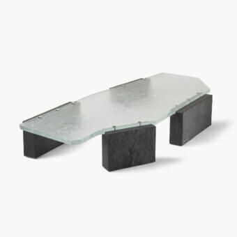 Architectural Visionnaire Stealth coffee table with pale fused transparent glass and dark split Moltrasio stone foundation