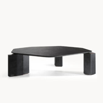 Elegant Visionnaire Titan Table with dark charcoal‑gray polished marble top, matte finish, steel plate edges, and boxed marble legs with metal core