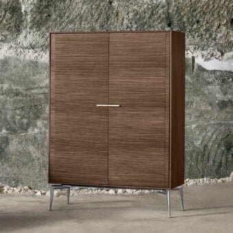 Luxury Alivar Shake Bar cupboard, tall rectangular wood, medium‑to‑dark brown grain, matte satin finish, silver‑toned handles