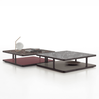 Luxury Alivar Toledo Side & Coffee Table with painted ash base and polished veined stone top in burgundy bright grey