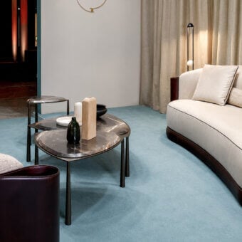 Elegant Bellotti Ezio 2026‑03/04/05 coffee table set with polished stone dark grey‑brown veined surface and matte bronze metal supports