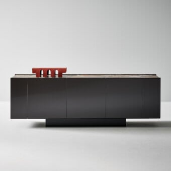Luxury Bonaldo Spy sideboard with lacquered wooden panels, ceramic top, deep‑black surfaces, angular lines recessed plinth