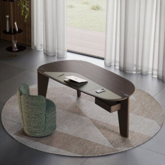 Elegant coffee table with dark espresso wood frame and matte satin finish and muted gray‑green frosted glass inset