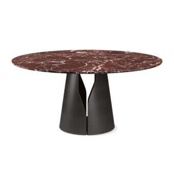Refined Cattelan Italia Giano Marble Table with deep reddish‑brown Lepanto top, white‑grey veining, matte black pedestal