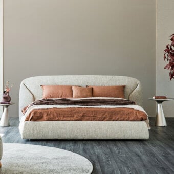 Exclusive Cattelan Italia Richard Bed with light beige‑taupe premium fabric upholstery and soft matte finish