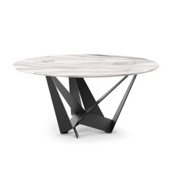 Luxury Cattelan Italia Skorpio table with white steel‑grey veining marble top and matte black steel base