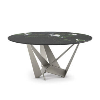 Premium Cattelan Italia Skorpio round table with natural marble top, matte charcoal steel base, green and white veining