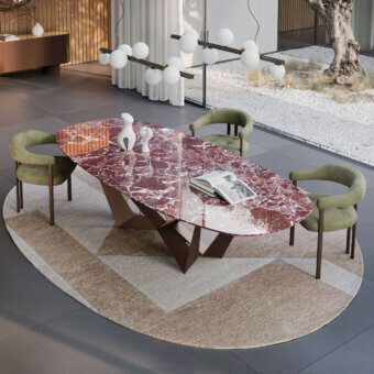 Elegant Cattelan Italia Skorpio table with burgundy marble top veined white cream and matte dark bronze steel base