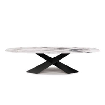 Elegant Cattelan Italia Tyron Marble Table with circular Onda Grigia marble top featuring striking grey and black veining and a sculptural steel base in black embossed lacquered finish forming a bold X-shape