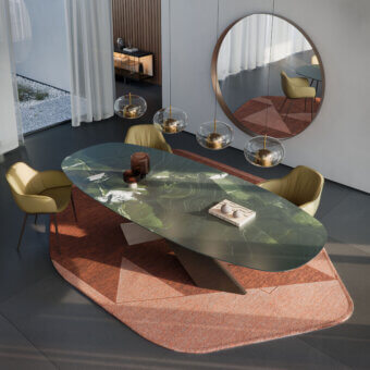Exclusive Cattelan Italia Tyron marble table with deep‑green top veined white, light green, matte graphite steel base