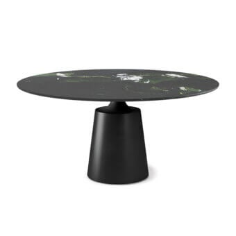 Luxury Cattelan Italia Yoda Marble Table with polished dark grey marble top showing green and white veining on a matte black metal base