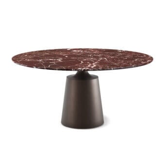 Elegant Cattelan Italia Yoda Marble Table with glossy burgundy‑veined glass top and matte dark bronze metal pedestal