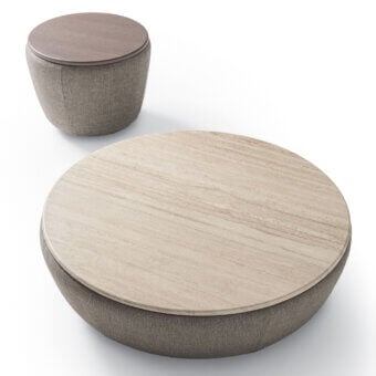 Luxury Ditre Italia Deck coffee table with smooth matte marble‑like top veined in light beige on textured taupe‑grey upholstered base