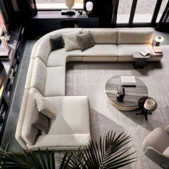 Sophisticated Ditre Italia Deck sectional with railroaded grain textured fabric, L‑shaped fir frame, charcoal pillows