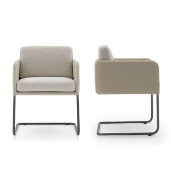 High-end Ditre Italia Viga armchair with painted steel cantilever frame, E1 plywood backrest, light beige‑grey upholstered volume, taupe accents, dark grey matte base