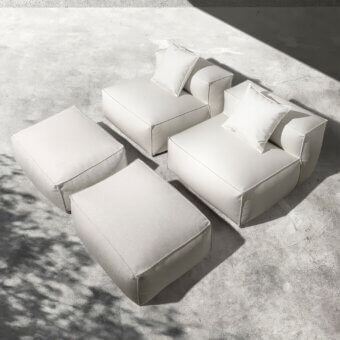 Luxury Gart Mediterraneo lounge chair in white UV-resistant fabric, cubic silhouette, minimalist with rectangular backrest