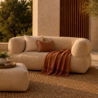 Luxury Gart Puffone sofa in matte textured beige‑cream fabric with polystyrene microspheres and polyester flakes padding