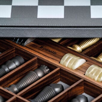 High-end Pinetti Chess & Checkers Game Board with walnut leather, white plus grey textured grid, gold pieces wooden drawer