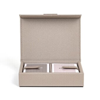 Premium Pinetti Playing Cards Holder with walnut chassis, light taupe leather, matte finish, recessed, grey and off‑white decks