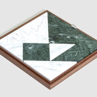 Premium Pinetti Tangram Box with Canaletto walnut wood frame and matte finish Carrara Calacatta & Green Guatemala puzzles