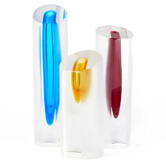 Luxury Skyline Murano Vase set by Wave Murano Glass with matte satin-shell plus glossy blue yellow red cores diagonal cut
