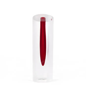 Luxury Wave Murano Glass vase with clear outer shell and deep red teardrop core, glossy and matte satin bands, diagonal cut top