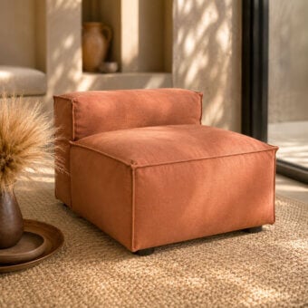 Elite Gart Mediterraneo Up lounge chair with terracotta upholstery, Okoumé wood frame, and matte stainless steel legs.